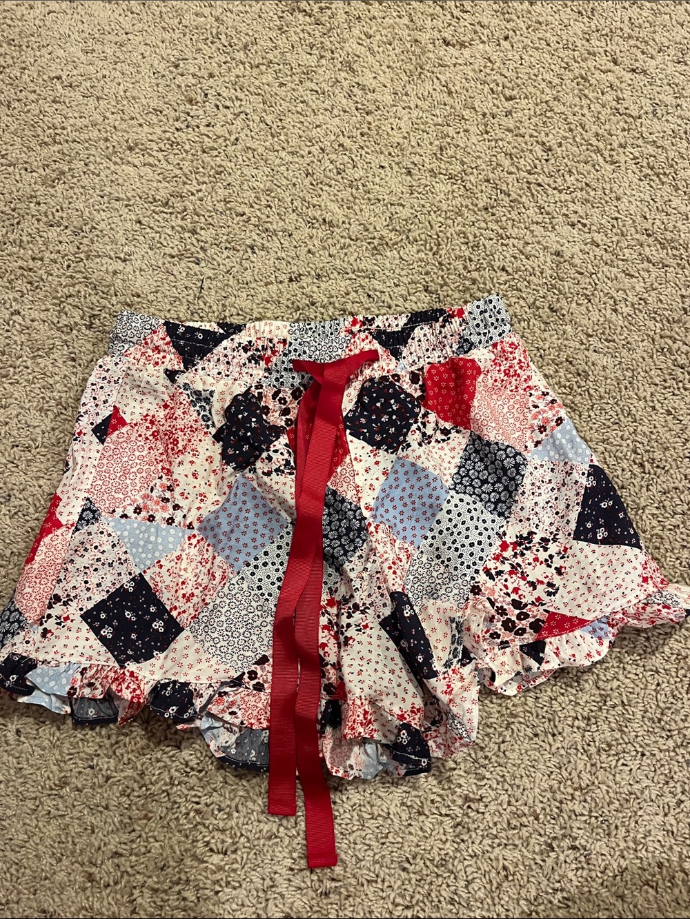 Lux High-Waist Patchwork Print Shorts with Red Ribbon